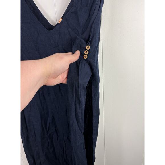 Free People Navy Blue Linen Slip Dress Button V Neck Size S Boho Preppy Smocked - Picture 2 of 6